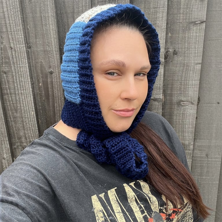 Handmade Crochet Balaclava Hood - Navy and Blue Y2K Style Scoodie