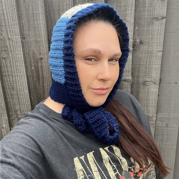 Handmade Crochet Balaclava Hood - Navy and Blue Y2K Style Scoodie