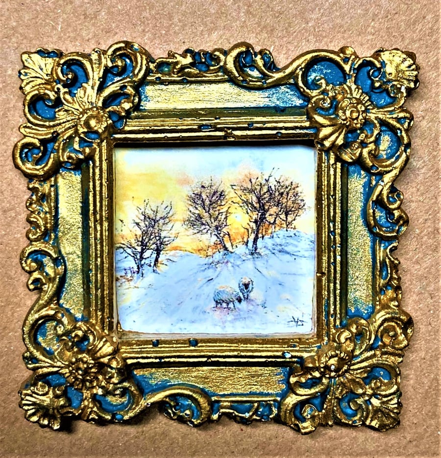 Winter Landscape with sheep, Tiny PRINT in a gold & blue frame, decorative gift