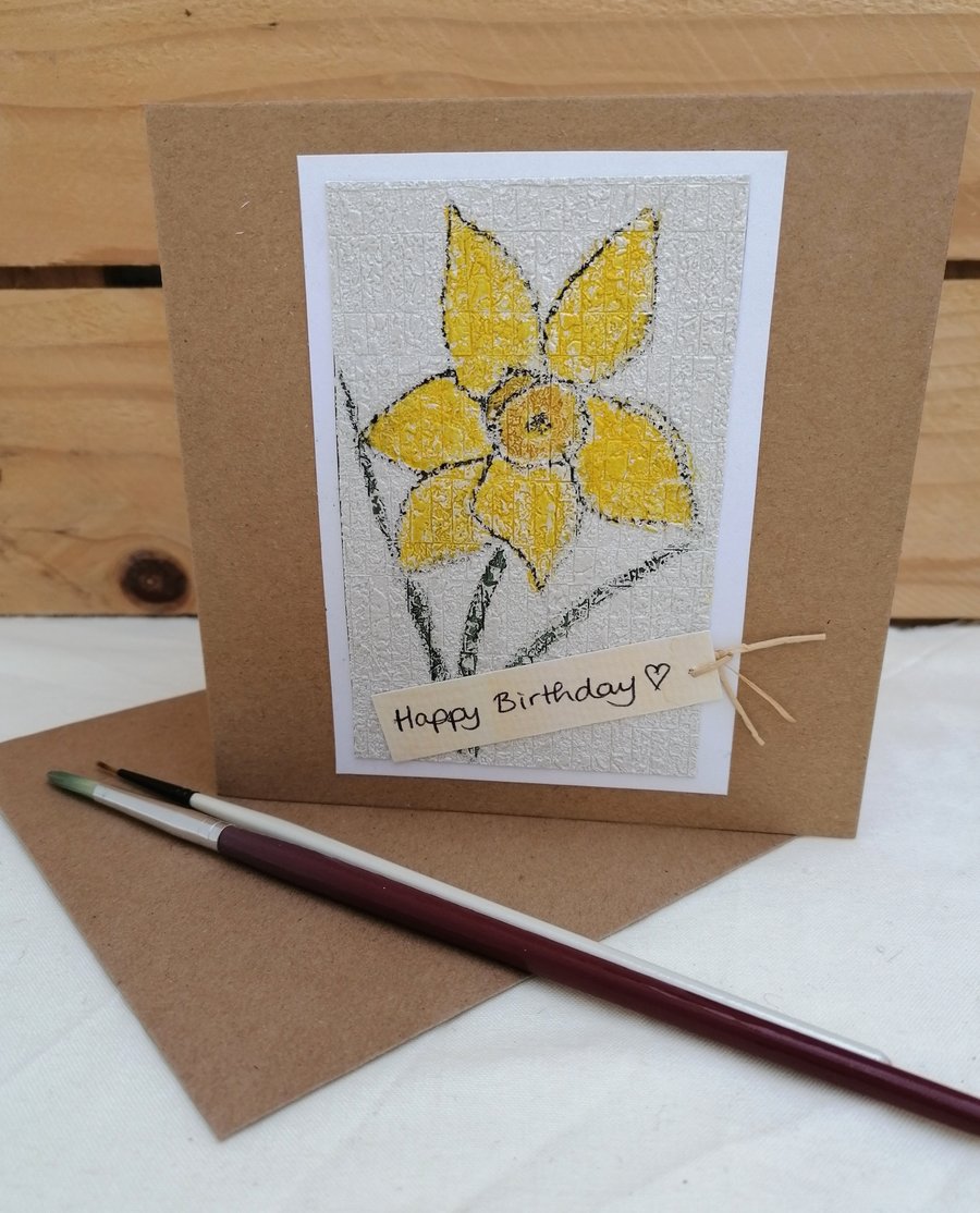 Birthday Card, Daffodil, Handmade Eco Friendly Upcycled Card