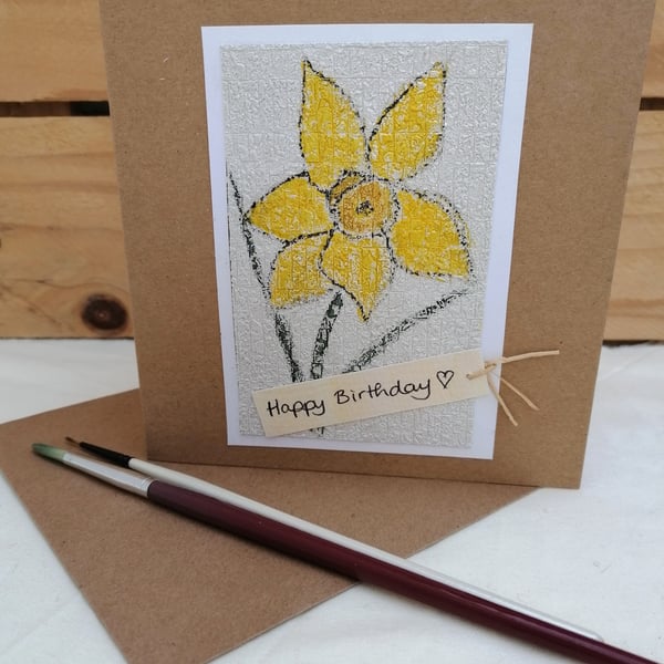 Birthday Card, Daffodil, Handmade Eco Friendly Upcycled Card