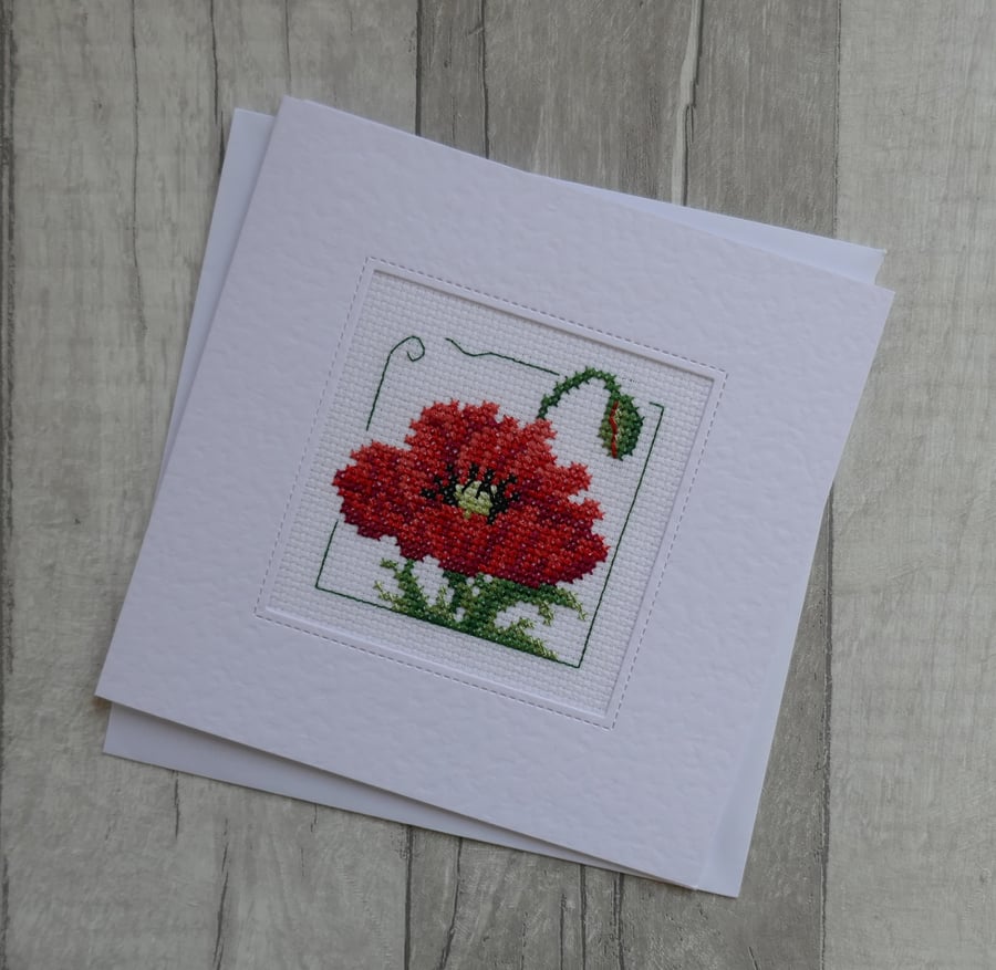 Cross Stitch Card with Red Poppy