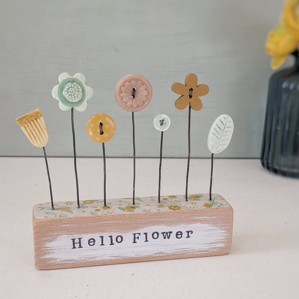 Clay and Button Flower Garden in a Floral Wood Block 'Hello Flower