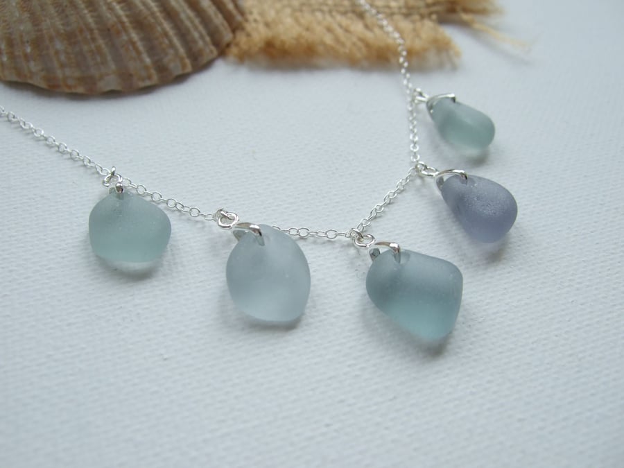 Seaham Sea Glass Necklace, Petite Grey Multi Pendants 18" Sterling Silver