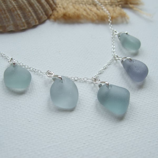 Seaham Sea Glass Necklace, Petite Grey Multi Pendants 18" Sterling Silver