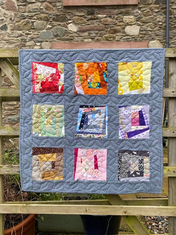 Hand Stitched Wonky Log Cabin, Rainbow Miniature Patchwork Quilt, Wall Art