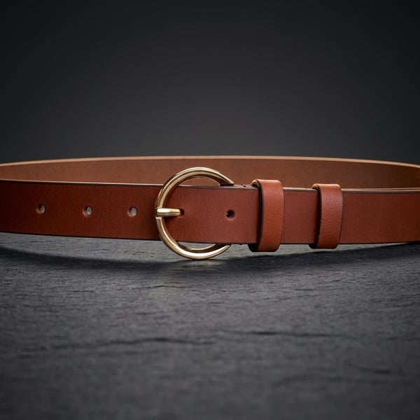 Mustard Full Grain Leather Belt Gold-Tone Round Buckle Womens Belt 25mm 1 Inch