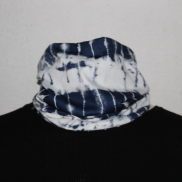 Neck warmer stretch Snood Eco scarf,handmade lined,blue and white tie dye scarf
