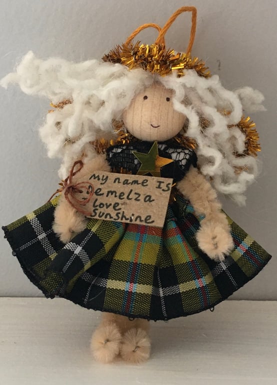 Tiny Cornish Tartan, Curly Hair Fairy Doll Decoration 
