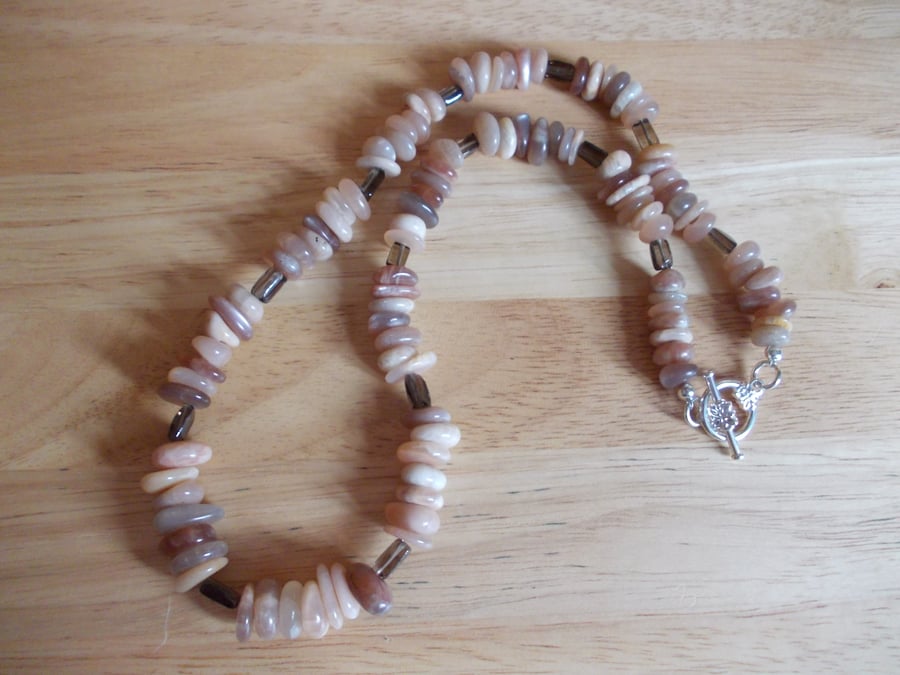 Peach moonstone and smokey quartz necklace