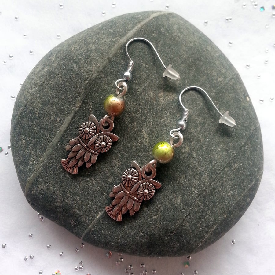 Green Owl Earrings - Glass Bead Owl Charm Drop Earrings