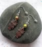 Green Owl Earrings - Glass Bead Owl Charm Drop Earrings