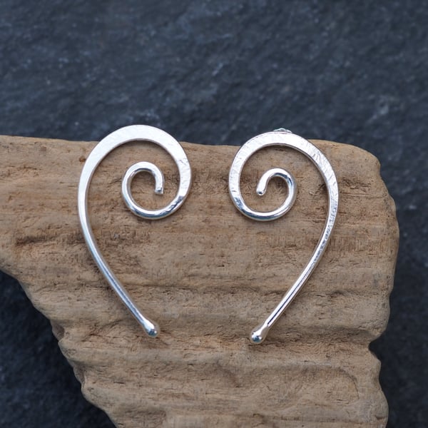 Silver Spiral Earring Studs 'Forever in my Heart’, forged silver spiral studs