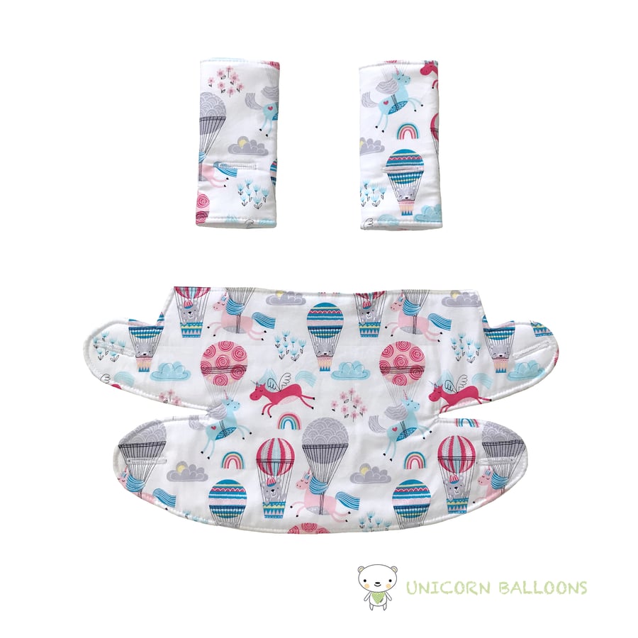 ERGO Baby Carrier Bib & Strap Covers Choice of bright fabrics Unicorn Balloons