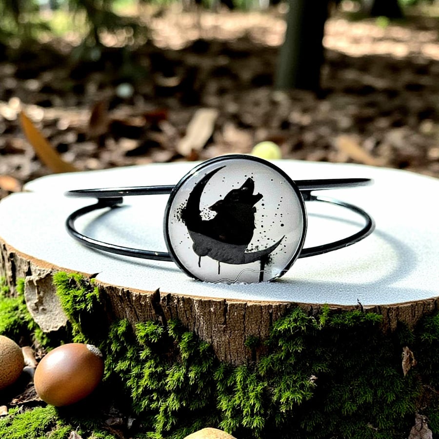 Mystical wolf and moon bangle, wolf gifts, mystical gifts