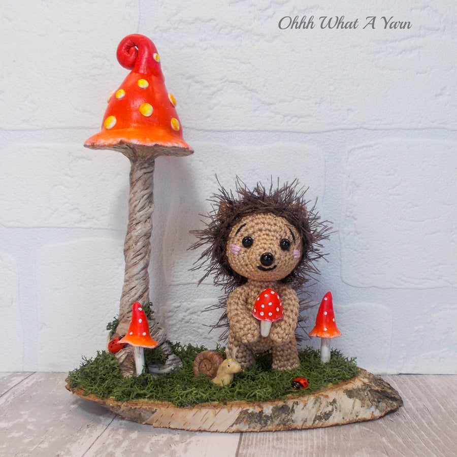 Hedgehog and toadstool mixed media sculpture. Crochet ornament, decoration