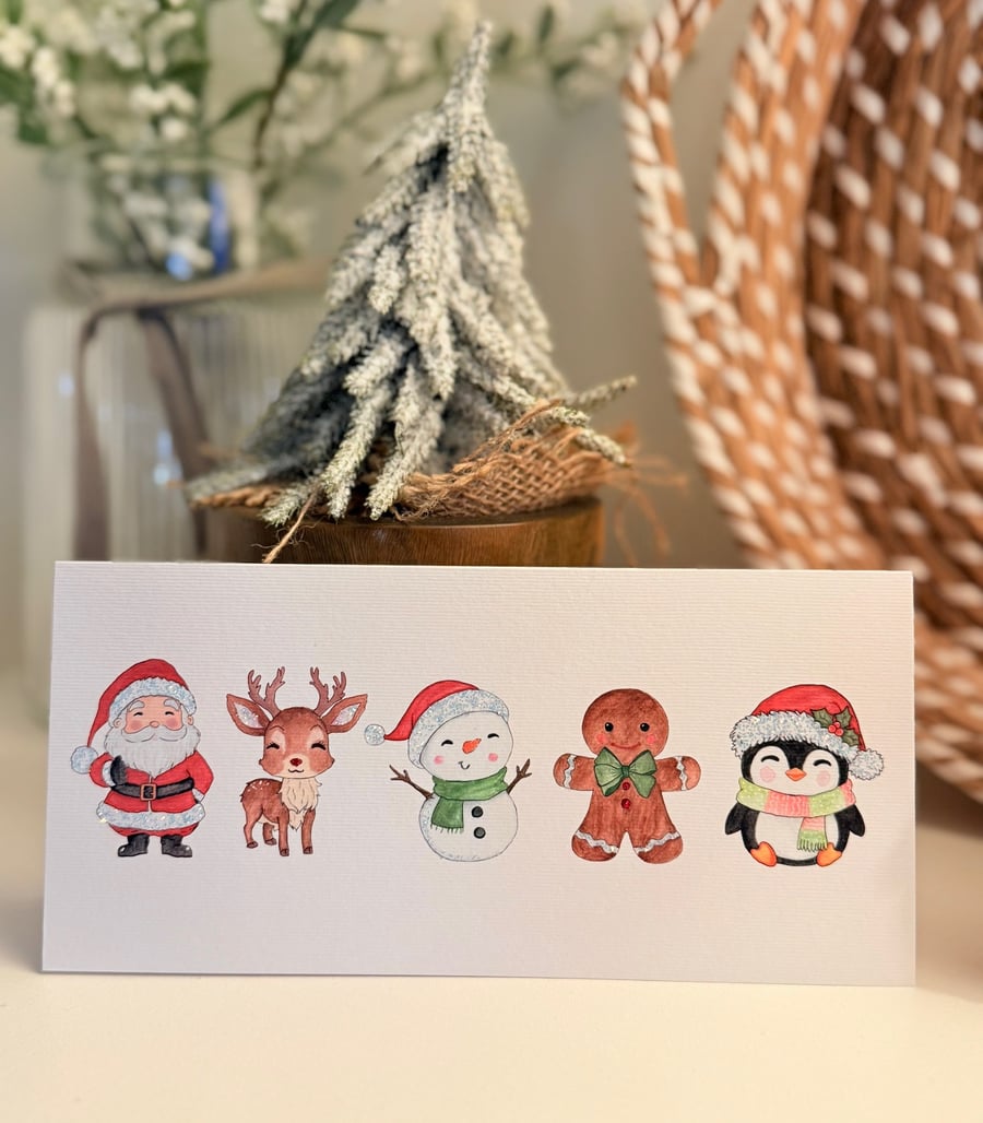 Christmas cards, Hand Glittered, Christmas Characters, Red Envelope, pack of 5