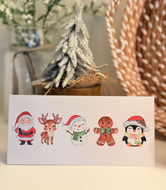 Christmas cards, Hand Glittered, Christmas Characters, Red Envelope, pack of 5
