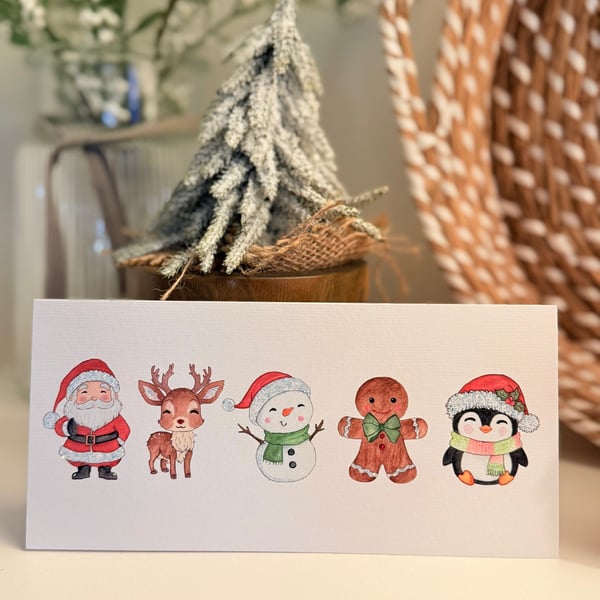 Christmas cards, Hand Glittered, Christmas Characters, Red Envelope, pack of 5