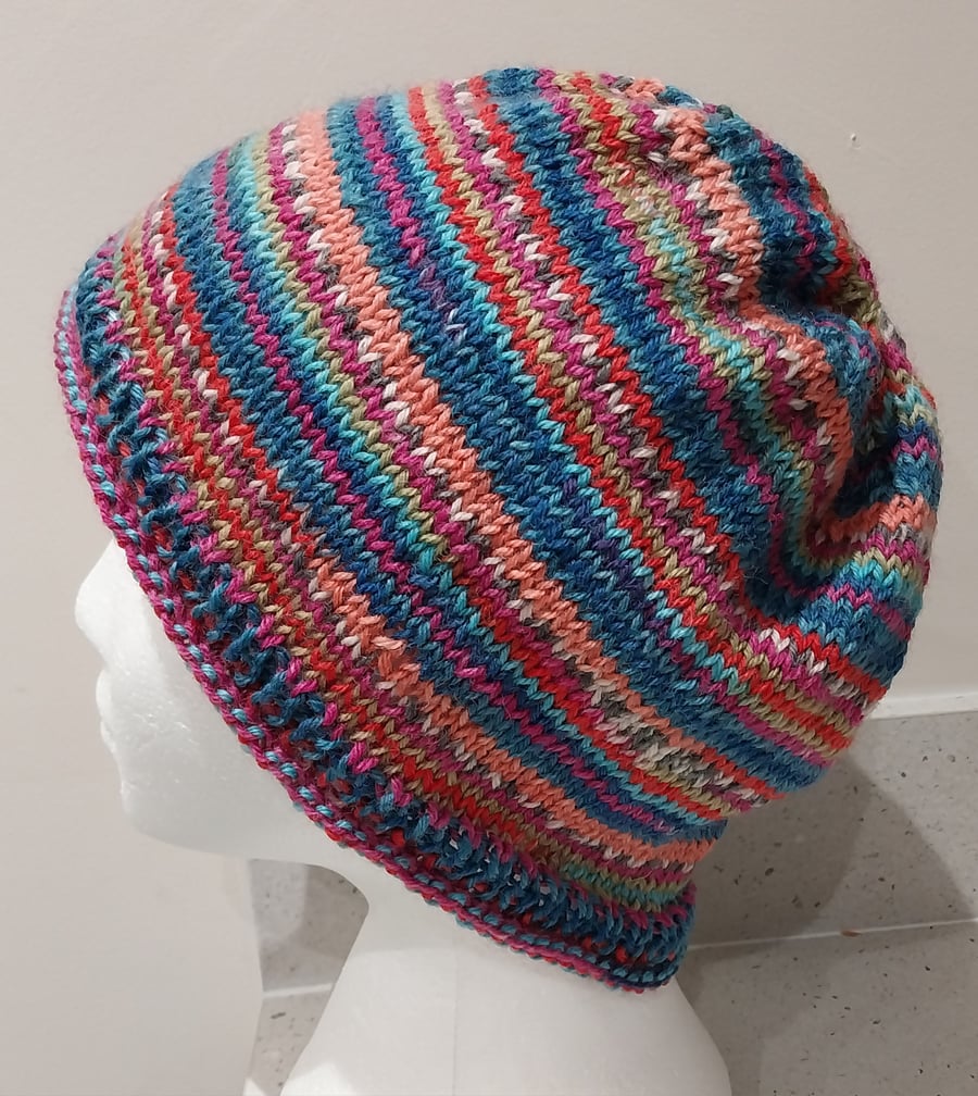 Handknit Beanie Hat 100% MERINO Stripey jacquard in Red, Orange, Blues Med