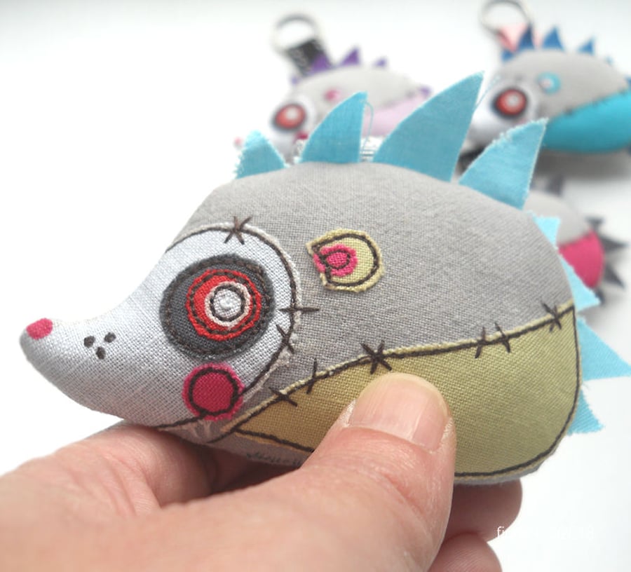 embroidered zombie hedgehog bagcharm keyring - green blue