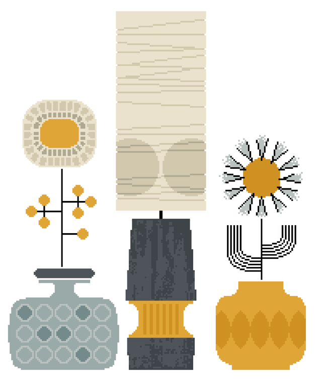 030 - Mid Century Vases Flowers and Lounge Lamp - Cross Stitch Pattern