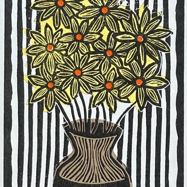 Vase of Flowers, original lino print, 'Perfectly Imperfect'