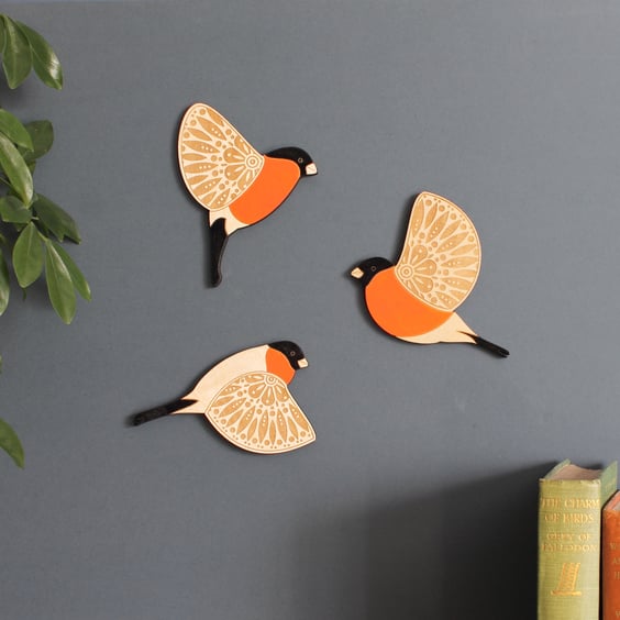 Folk Art Inspired Flying Wooden Bullfinches - Wall decor Hangings
