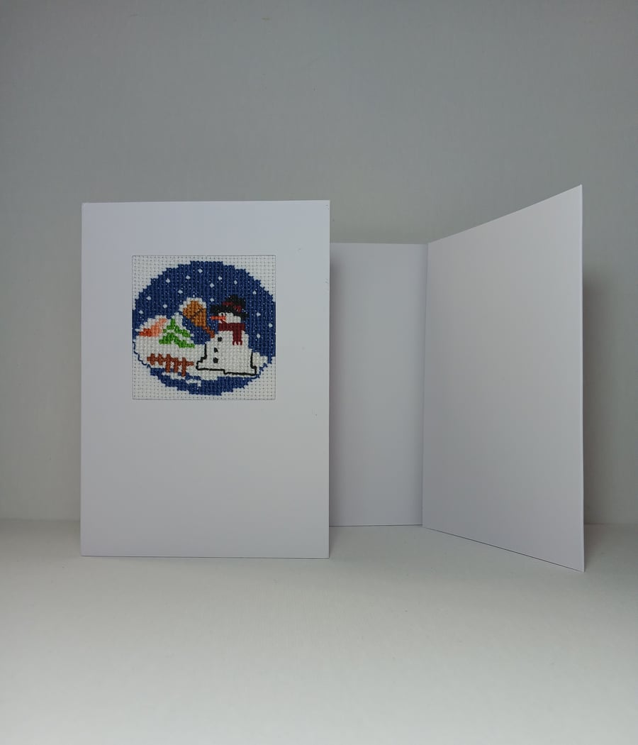 Snowman in a Snowy Wonderland –Hand-Embroidered Christmas Card for Winter Wishes