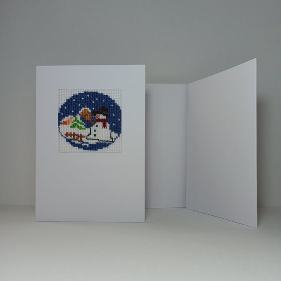 Snowman in a Snowy Wonderland –Hand-Embroidered Christmas Card for Winter Wishes