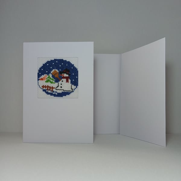 Snowman in a Snowy Wonderland –Hand-Embroidered Christmas Card for Winter Wishes