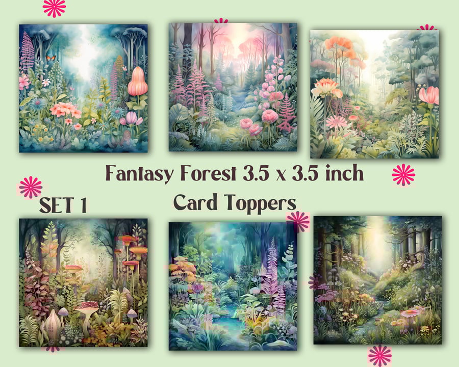 Fantasy Forest Square Card Toppers for Card Making, Tags, Scrapbooking