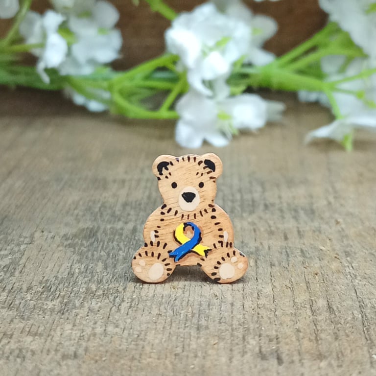 Down Syndrome Awareness Bear Pin, Handmade Support Ribbon Teddy Badge