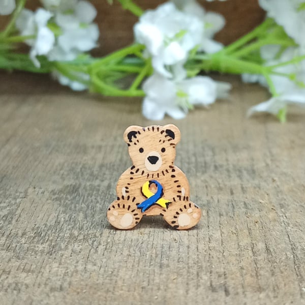 Tiny Down Syndrome Pin, Handmade Down's Syndrome Awareness Ribbon Teddy Bear