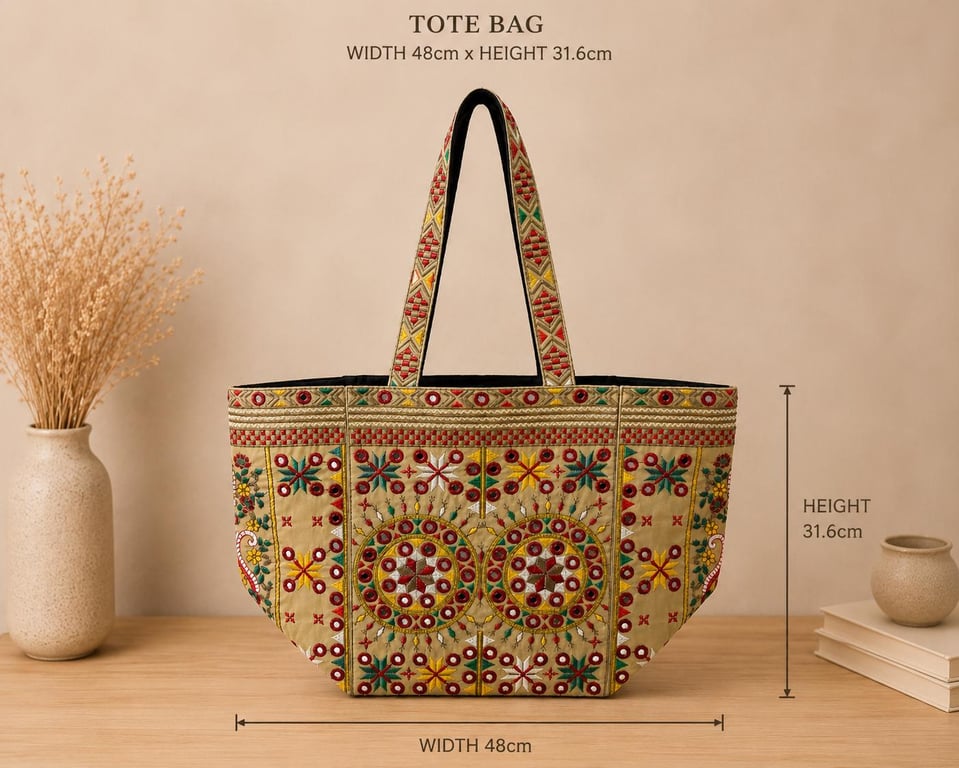 Handmade  Embroidered Cotton Shoulder Bag - Large Pakistani Artisan Tote Bag