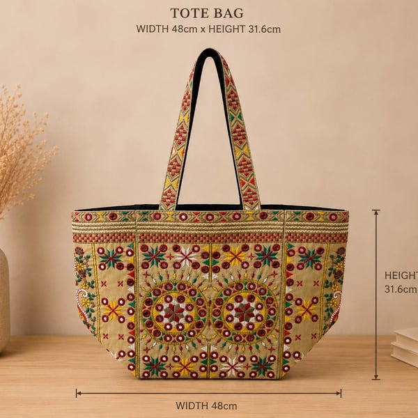 Handmade  Embroidered Cotton Shoulder Bag - Large Pakistani Artisan Tote Bag