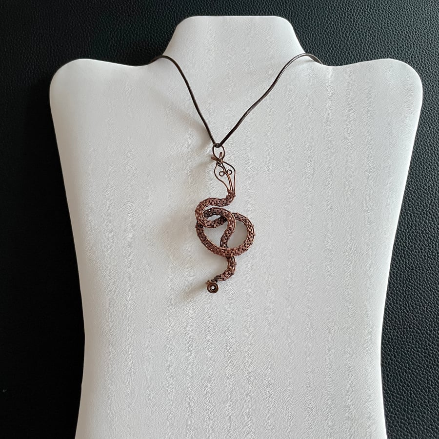Wire Wrapped Copper Snake Pendant on an Adjustable Leather Cord