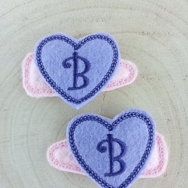 Hair Clips Letter B In A Heart - Pair of Letter B Kids Hair Clips