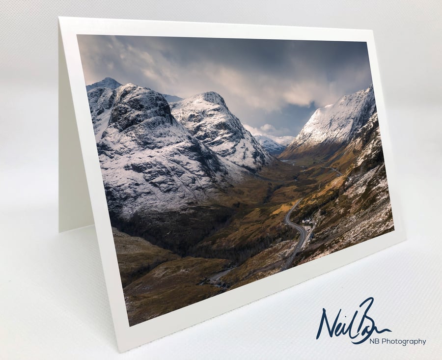 Looking Down Glen Coe Past Three Sisters in winter - Greeting Card by Neil Barr
