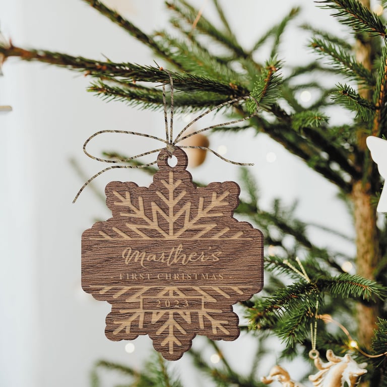 First Christmas Snowflake Ornament - Personalised 1st Xmas Wooden Tree Bauble 