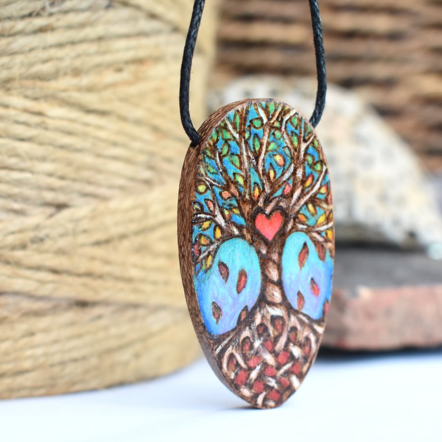 Tree of life pyrography pendant with heart and knot work, for wood anniversary