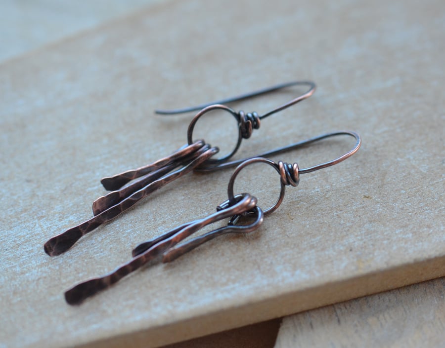 Handmade Copper Hammered Dangle Hoop Earrings