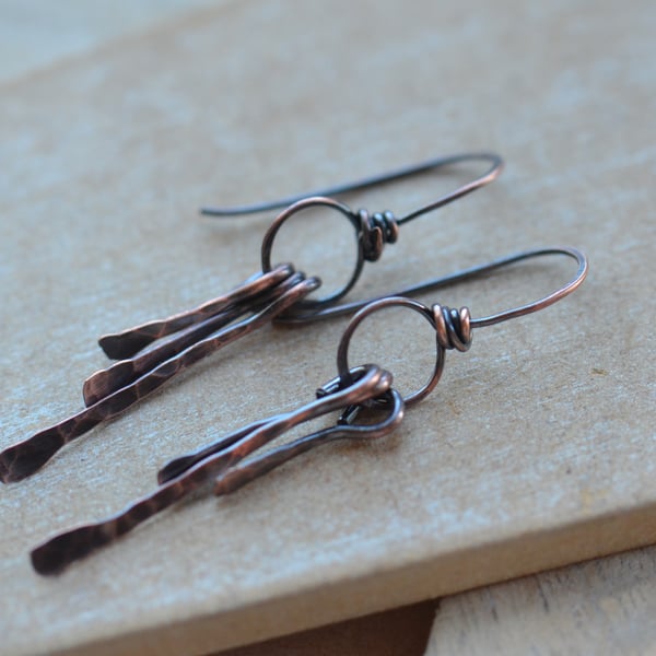 Handmade Copper Hammered Dangle Hoop Earrings