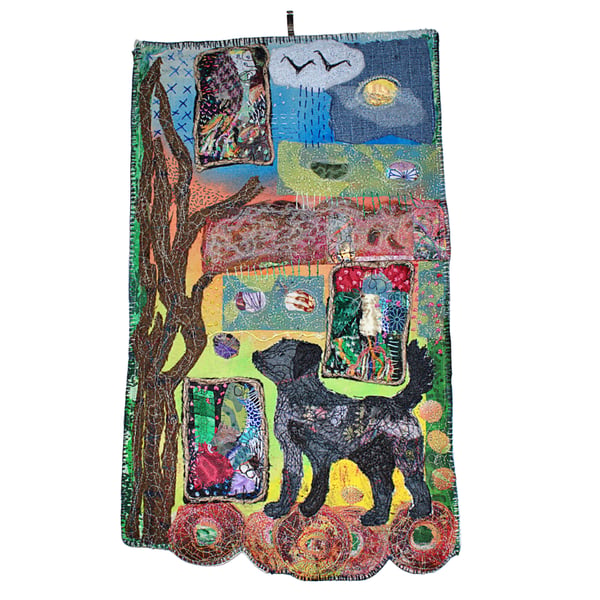 Textile wall hanging - eco gift - dog - folk art - needlework - ready to hang