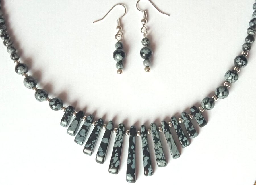 Snowflake Obsidian Necklace & Earrings Gift Set Spotted Gemstone Tapered