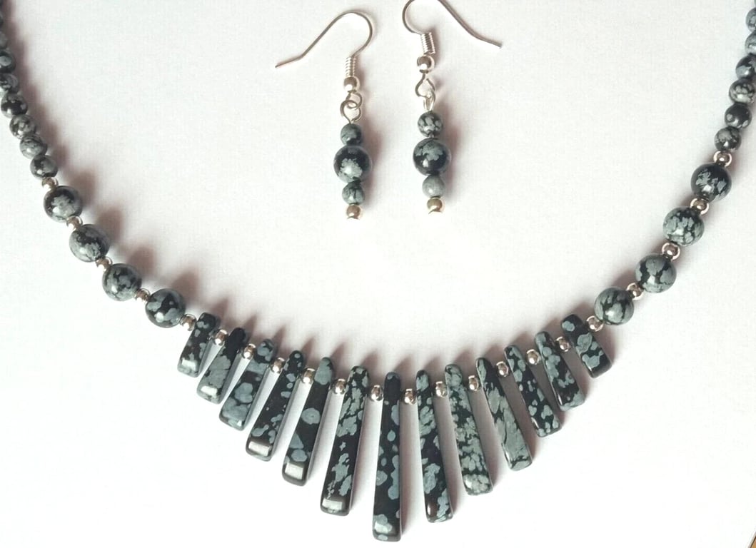 Snowflake Obsidian Necklace & Earrings Gift Set Spotted Gemstone Tapered