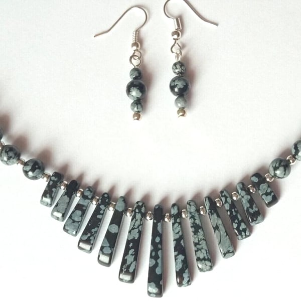Snowflake Obsidian Necklace & Earrings Gift Set Spotted Gemstone Tapered
