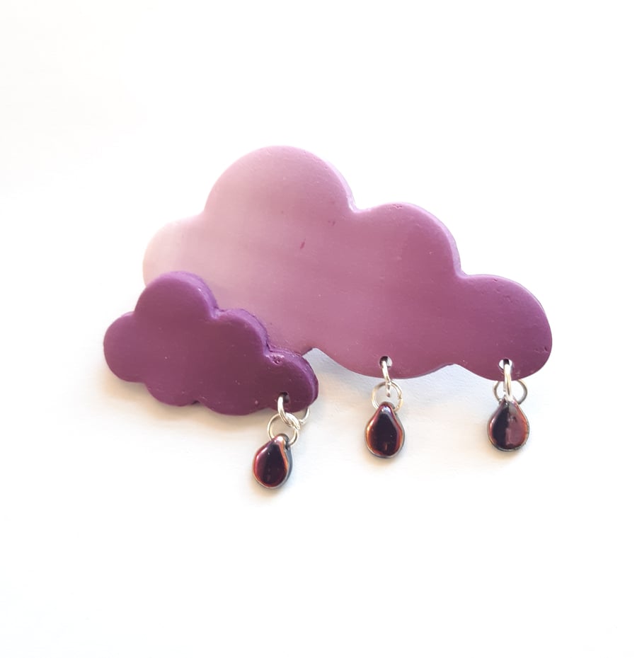 Cloud Brooch, Purple Rain, Storm clouds, Purple pin, irridescent raindrops, 