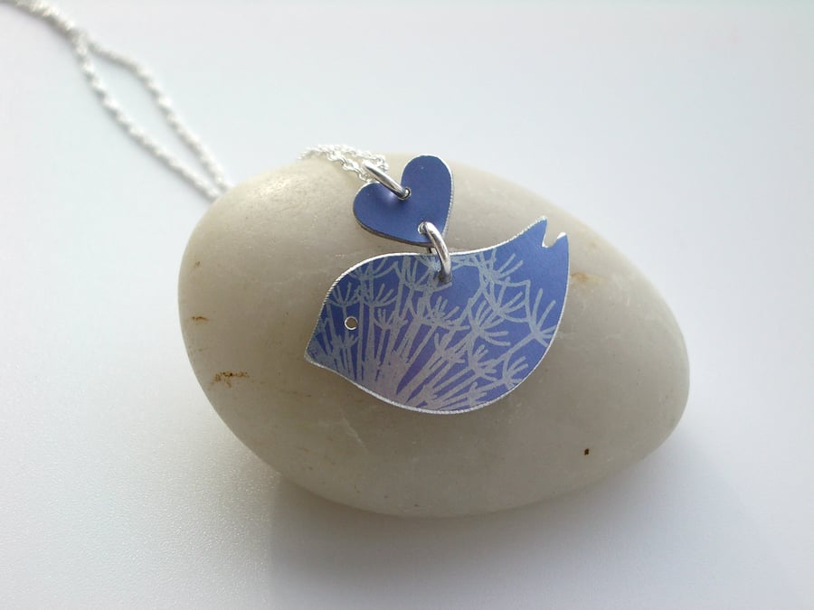 Blue bird necklace pendant with dandelion seed print and heart