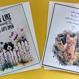 Pack of Two Multi Occasion Cards, One Dog, One Cat. Postage & Packing UK include